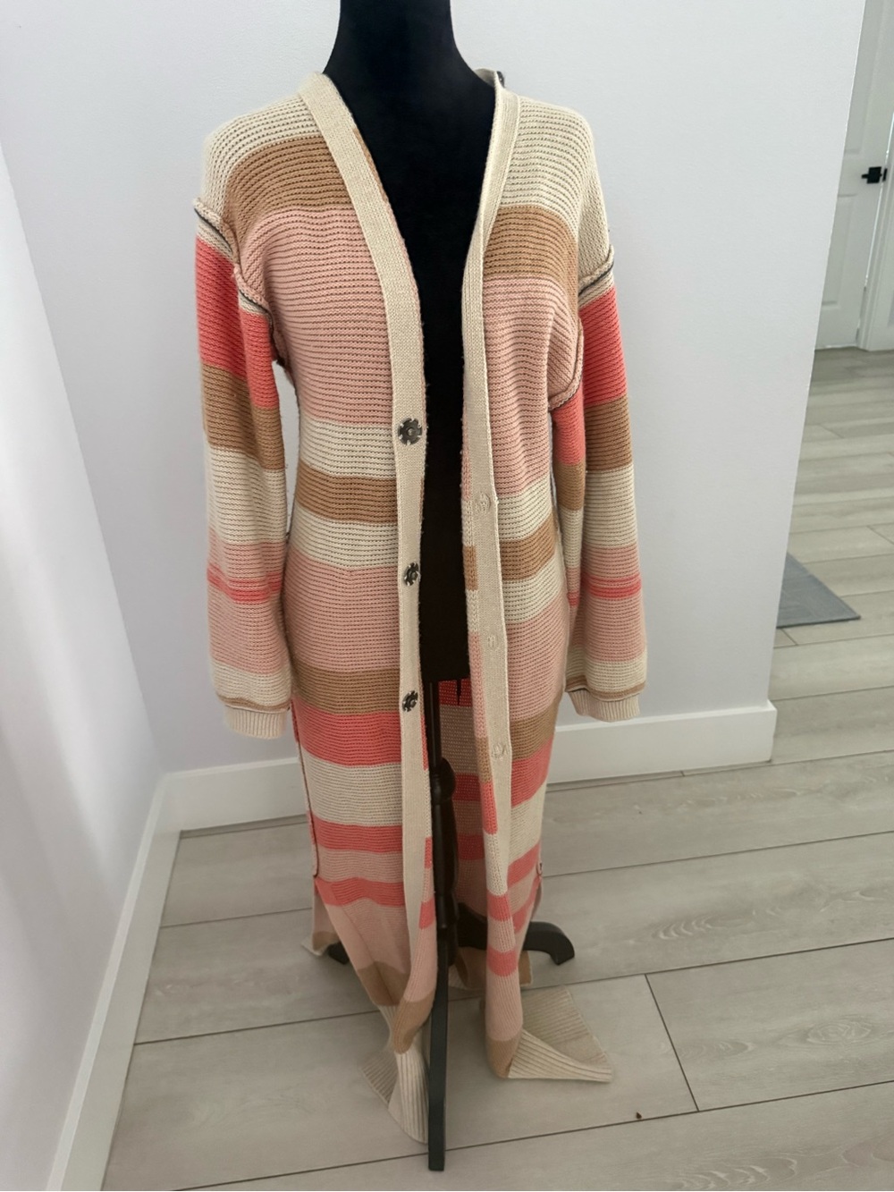 Free People Long Striped Button-Front Cardigan - Cream, Coral, Tan, Blush#B33